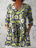 Women's Vintage Lovely Floral Art Print Casual Linen V-neck Shirt）