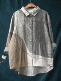 Women's Abstract Geometric Pattern Art Print Casual Cotton And Linen Ruffle Shirt