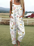 Women's Vintage Floral Bee Art Print Casual Cotton Linen Wide Leg Jumpsuit RJ025