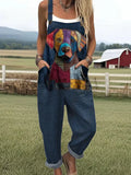 Women's Funny Dog Art Print Casual Cotton Linen Wide Leg Jumpsuit RJ052