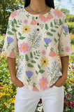 Womens Cream Multi-Color Floral Print Casual Henley Shirt