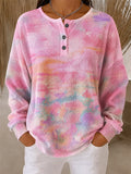Women's Pastel Rainbow Tie Dye Pattern Print Casual Waffle Cotton Henley Sweatshirt