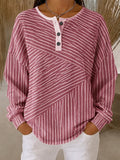 Women's Pink White Diagonal Stripe Geometric Pattern Print Casual Waffle Cotton Henley Sweatshirt