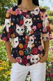 Womens Black Floral Cartoon Cat Print Casual Shirt