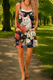 Women’s Black Red Rose Cat Print Casual Cotton Wide Leg Romper