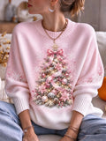 Women's Pink Christmas Tree Print Casual Round Neck Long Sleeve Sweater