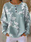 Women's Sage Green Cherry Blossom Floral Pattern Print Casual Waffle Cotton Sweatshirt