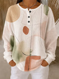 Women's White Sage Green Terracotta Abstract Art Pattern Print Casual Waffle Cotton Henley Sweatshirt