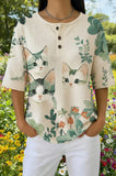 Womens Cream Leafy Cat Grid Print Casual Henley Shirt