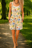 Women’s Beige Vintage Floral Print Casual Cotton Wide Leg Romper