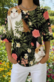 Womens Black Tropical Leaf White Cat Print Casual Shirt