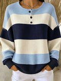 Women's Blue Navy White Color Block Stripe Pattern Print Casual Waffle Cotton Henley Sweatshirt