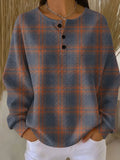 Women's Blue Orange Plaid Pattern Print Casual Waffle Cotton Sweatshirt