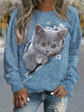 Blue Cat Crew Neck Long Sleeve Pullover Sweatshirt