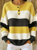 Women's Yellow Black Color Block Stripe Pattern Print Casual Waffle Cotton Sweatshirt