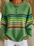 Women's Green Rainbow Multicolor Stripe Pattern Print Casual Waffle Cotton Henley Sweatshirt
