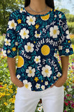 Womens Navy Daisy Letter Print Casual Waffle Cotton Shirt