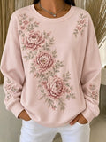 Women's Pink Vintage Peony Floral Embroidery Art Pattern Print Casual Cotton Sweatshirt