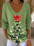 Women's Christmas Tree Art Print Casual V-neck Long Sleeve Pullover Sweater