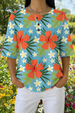 Womens Teal Orange Floral Print Casual Henley Shirt