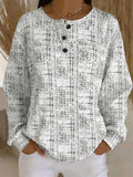 Women's White Black Tweed Texture Pattern Print Casual Cotton Henley Blouse