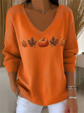 Women's Casual Autumn Maple Leaf Pumpkin Striped Long Sleeve V-Neck Top