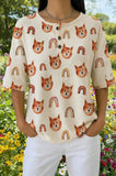 Womens Cream Rainbow Cat Print Casual Henley Shirt
