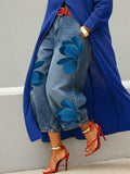 Women's Artistic Red Blossom Wide Leg Jeans