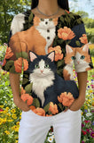 Womens Black Halloween Pumpkin Cat Print Casual Shirt