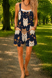 Women’s Navy Cute Cat Print Casual Cotton Wide Leg Romper