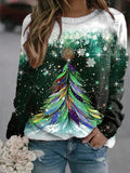 Christmas Tree and Snowflake Print Crew Neck Long Sleeve Casual Sweatshirts