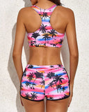 Emoswims - Pink Palm 3 Piece Tank Bathing Suits With Shorts And Racer back Sports