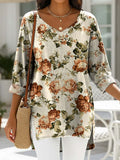 Women's Retro Flower Art Print Casual Denim Shirt