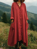 Relaxed V-Neck Ruffle-Trim Midi/Maxi Pocket Dress