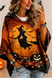 Women's Halloween Multi Witch Pumpkin Bat Print Hooded Three Quarter Sleeve Hoodie