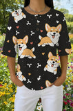 Womens Black Leaf Corgi Print Casual Shirt