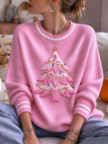 Women's Pink Christmas Tree Round Neck Long Sleeve Sweater