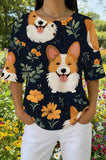 Womens Black Sunflower Corgi Print Casual Shirt