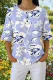 Womens Blue Tropical Floral Print Casual Waffle Cotton Shirt