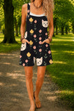 Women’s Black Small Cat Print Casual Cotton Wide Leg Romper