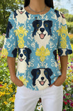 Womens Blue Plaid Border Collie Print Casual Shirt