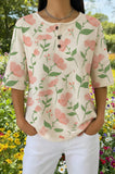Womens Beige Pink Floral Print Casual Henley Shirt