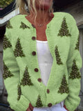 Green Christmas Tree Print Buttoned Long Sleeve Casual Cardigan