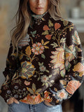 Lovely Floral Art Print Knit Turtleneck Pullover Sweater