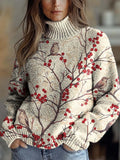Lovely Floral Birds Art Print Knit Turtleneck Pullover Sweater