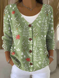 Christmas Tree Art Print Buttoned V-Neck Cardigan Sweater