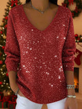 V-Neck Solid Color Loose Shiny Sweater
