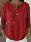Shiny Henley Neck Solid Color Sweater Tops