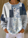 Women's Patchwork Small Floral Art Pattern Print Casual Waffle Cotton Sweatshirt