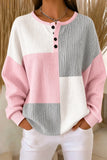 Women Casual Abstract Henley Collar Long Sleeve Pink Sweatshirt